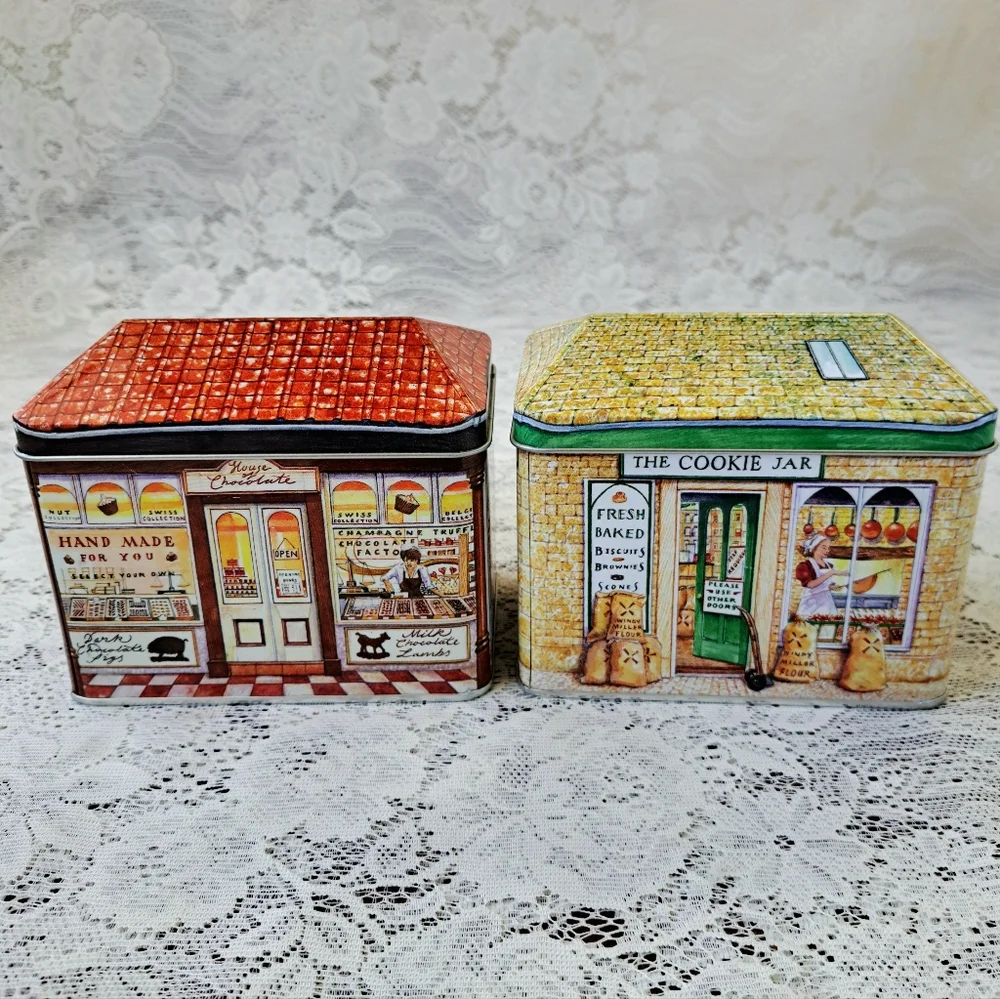 2 Adorable Retro Collectible Tea Tins Bakery & Chocolate Shop Farmhouse Decor